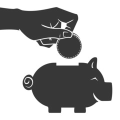 Hand saving money in piggy bank, vector