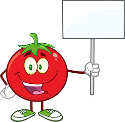 Red Tomato Cartoon Mascot Character Holding Up A Blank Sign