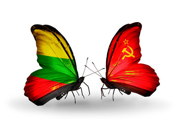 Two butterflies with flags Lithuania and Soviet Union
