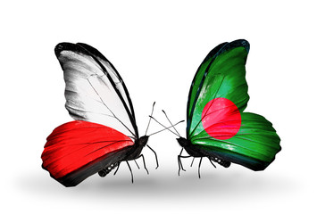 Two butterflies with flags Poland and Bangladesh