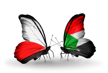 Two butterflies with flags Poland and Sudan