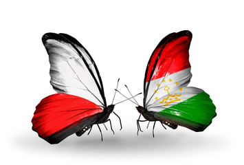 Two butterflies with flags Poland and Tajikistan