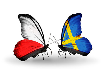 Two butterflies with flags Poland and Sweden