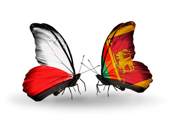 Fototapeta na wymiar Two butterflies with flags Poland and Sri Lanka