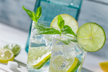 Closeup of drink with citrus fruit and ice