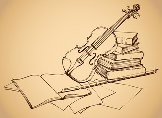 Fototapeta premium Vector sketch. Violin on old books