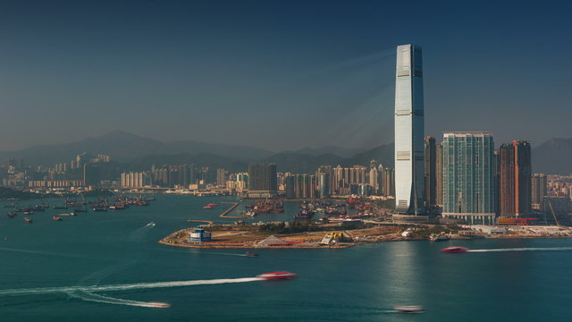 day panoramic view on international commerce centre 4k time lapse from hong kong
