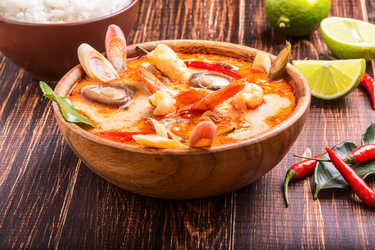 Thai Tom Yam soup with shrimp and shiitake mushrooms