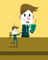 Boss control businessman by remote. flat vector illustration