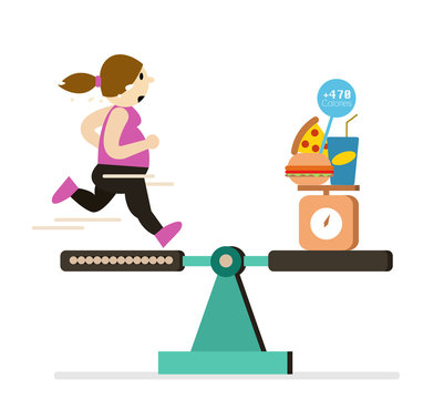 Fat girl running balance with food are over calories. vector