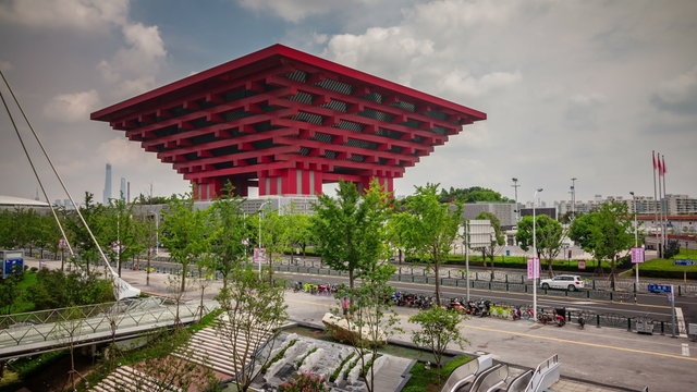 cloudy sky world expo china pavilion 4k time lapse from shanghai