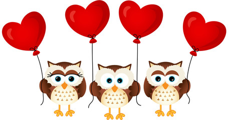 Love owls with heart balloons