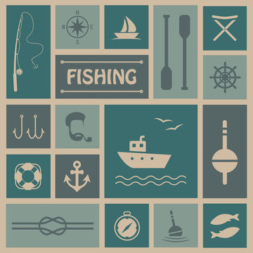vector fishing background, fish, boat set icons,