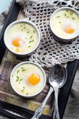 Shirred baked eggs for breakfast