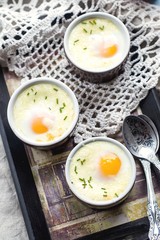 Shirred baked eggs for breakfast