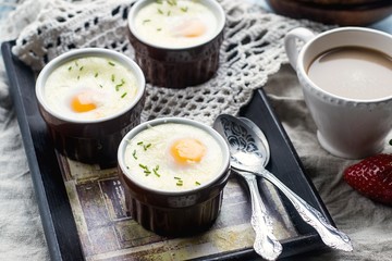 Shirred baked eggs for breakfast