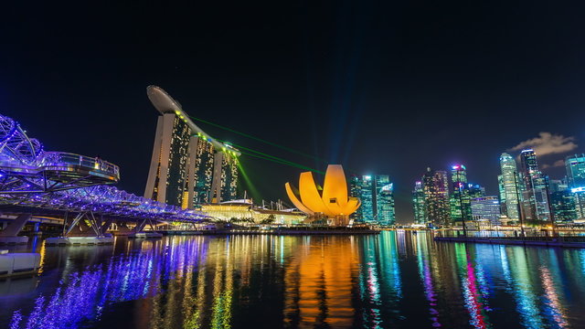 singapore city bright night light walking area 4k time lapse 
