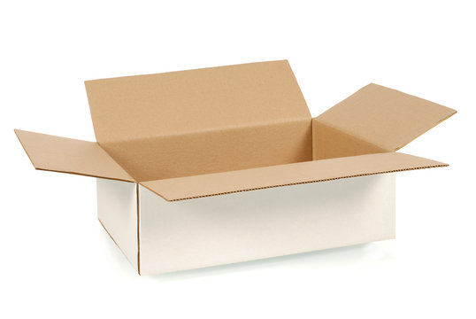 Cardboard box oblong white with brown interior top open isolated on white background photo
