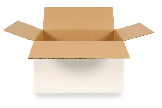 Cardboard box oblong white open showing empty brown interior delivery shipping isolated on white background photo