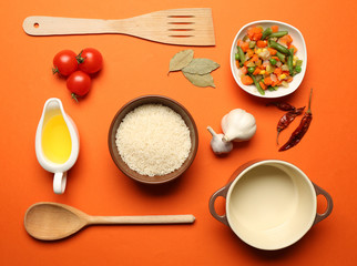 Food ingredients and kitchen utensils for cooking