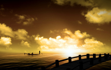 Obraz na płótnie Canvas Silhouette picture fisherman nature sunset