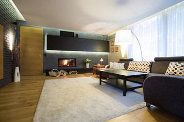 Family room with wooden floor