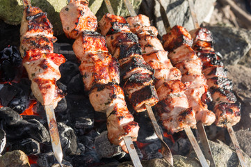 skewers of fresh pork roasted on coals