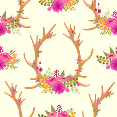 Vintage seamless pattern with deer antlers and flowers.