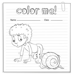 A color me worksheet with a kid and a snail