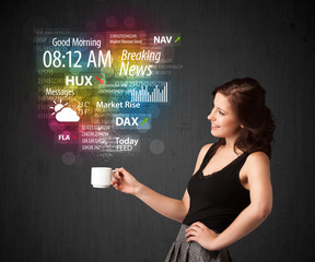 Businesswoman holding a white cup with daily news and informatio