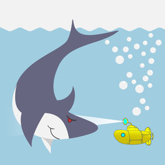 shark and submarine - vector illustration