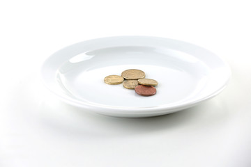 Coins on plate isolated on white