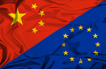 Waving flag of European Union and China