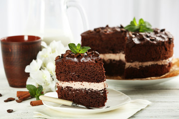 Delicious chocolate cake on table on light background