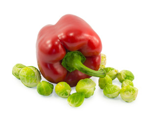 Brussels sprouts and peppers isolated on white background