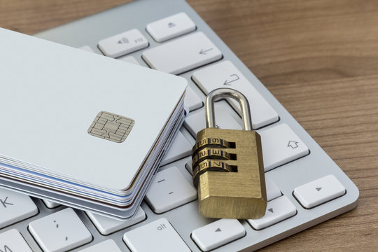 Credit cards with lock on a keyboard