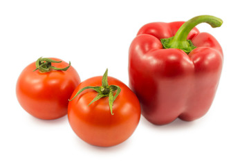 red bell pepper and tomato isolated on white background