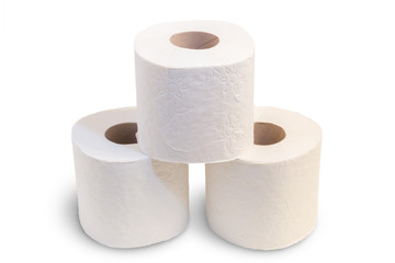 Closeup of three toilet rolls stacked, isolated on white