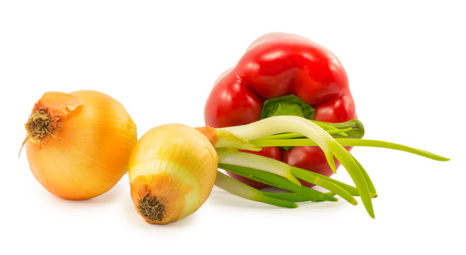 onions and red peppers isolated on a white background