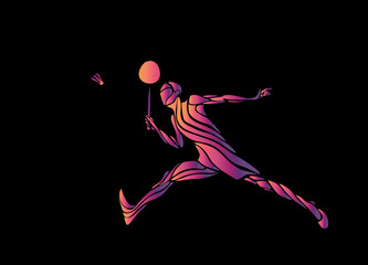 Fototapeta na wymiar Silhouette of stylized badminton player on black background