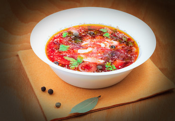 Delicious russian borsch on the table