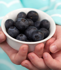 A child's hand holding a white bowl with ripe blueberries