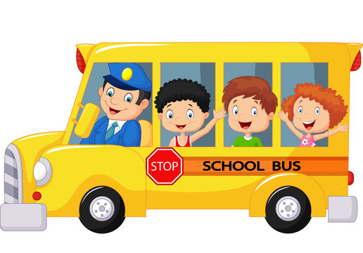 Happy children on a school bus