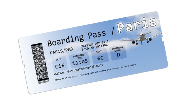 Airline Boarding Pass Tickets To Paris Isolated On White