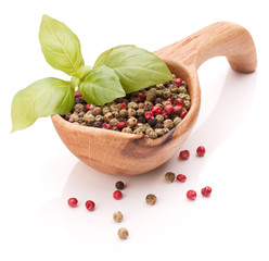 Black, green and pink pepper peppercorn mix in wooden spoon isol