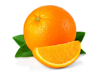 orange fruit with leaves and slices isolated on white