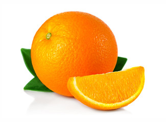Ripe orange fruit with leaves and slices isolated on white