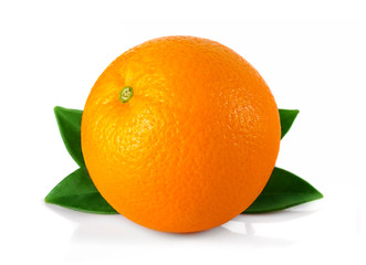 Ripe orange fruit with leaves isolated on white