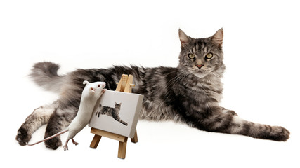 Mouse painting a cat on a white background