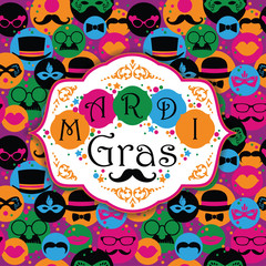 Celebration festive background with carnival icons and objects.